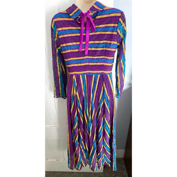 NEXIIA STYLEWE Lace Long-Sleeved Midi Dress Multicolored Stripes NEW - Picture 6 of 16
